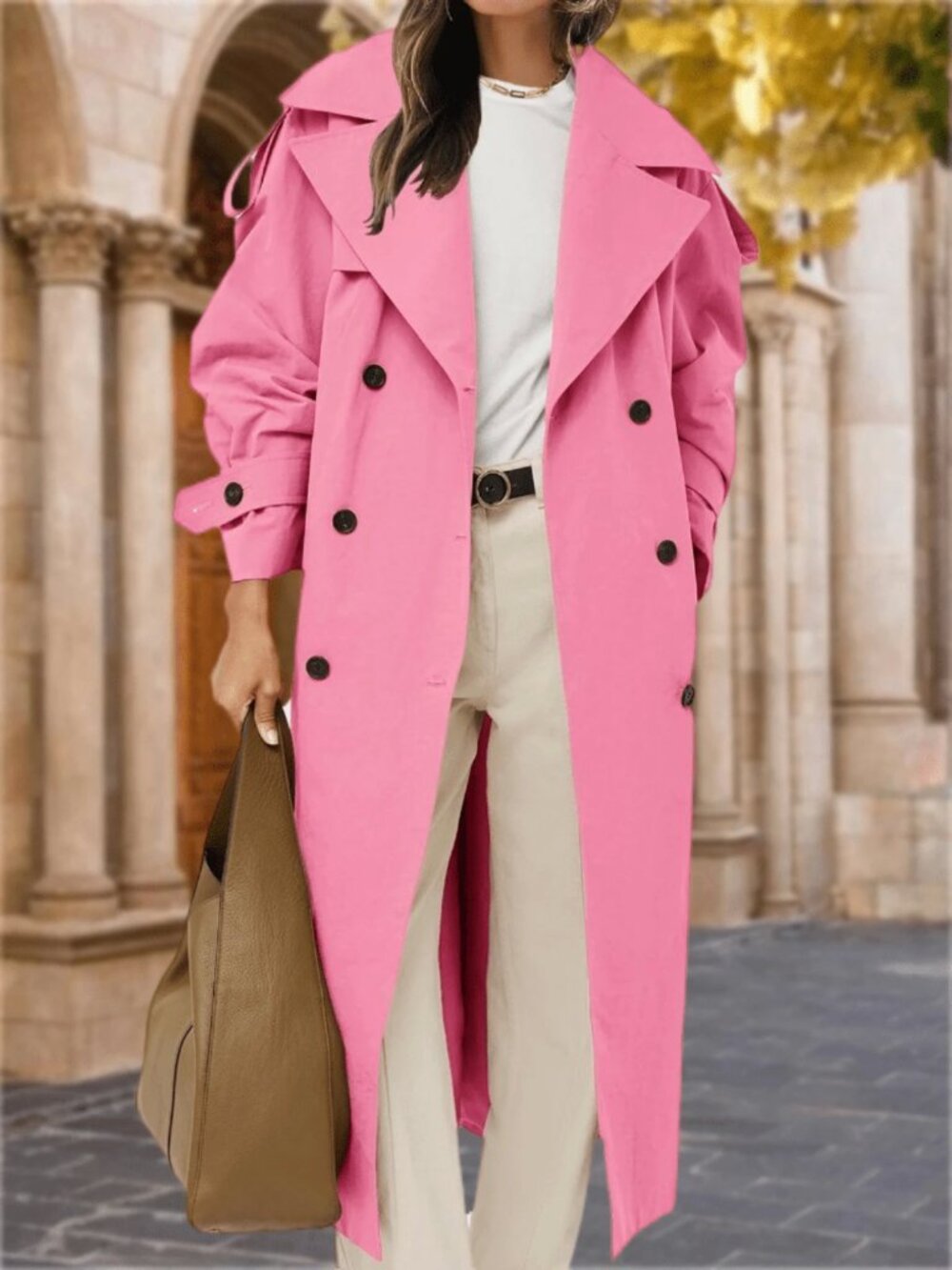 Pink Casual Women's Oversized Belted Trench Coat